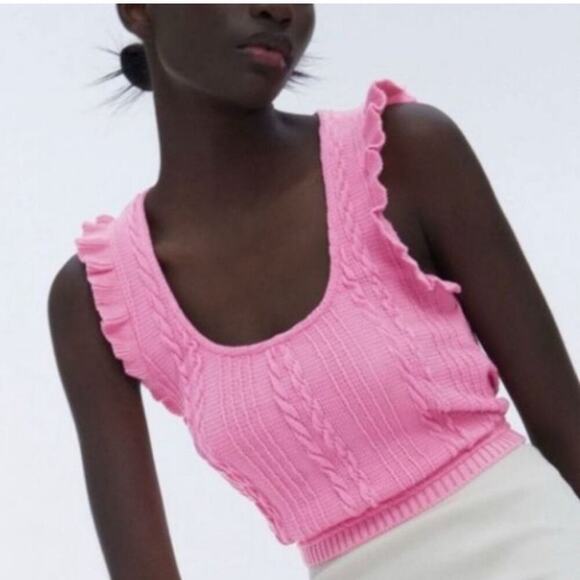 Zara Pink Ribbed Knit Ruffle Tank Top - Picture 3 of 4